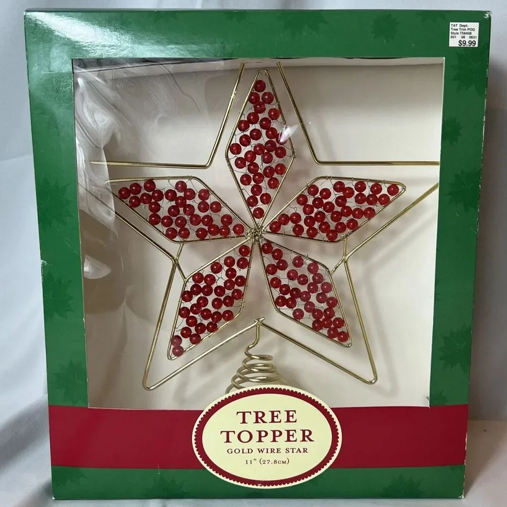 New Gold Star Wire Tree Topper With Red‎ Beads 11